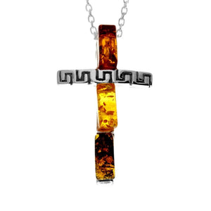 925 Steling Silver & Genuine Baltic Amber Modern Cross Pendant - 644