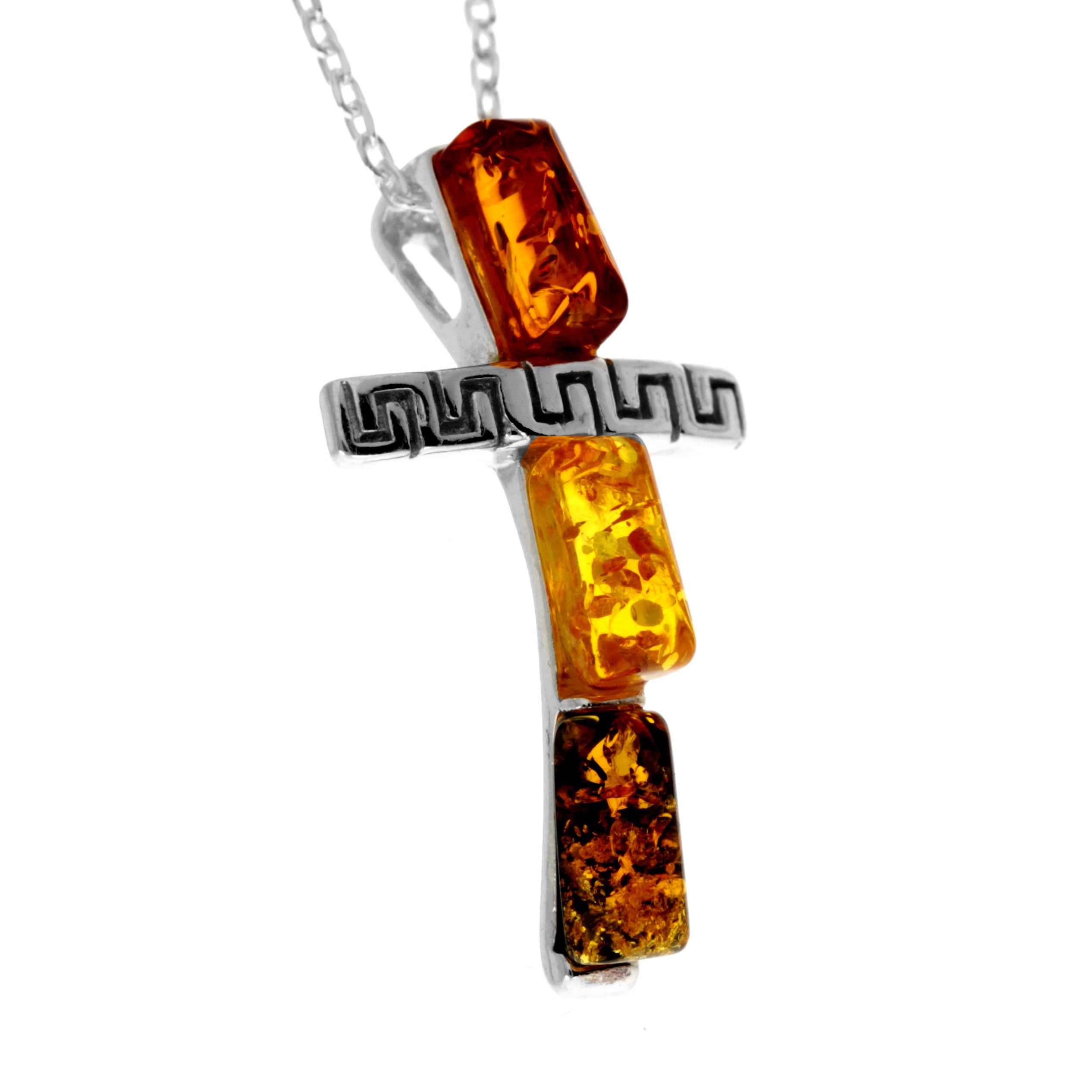 925 Steling Silver & Genuine Baltic Amber Modern Cross Pendant - 644