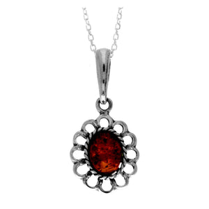 925 Sterling Silver & Genuine Baltic Amber Modern Flower Pendant- 649