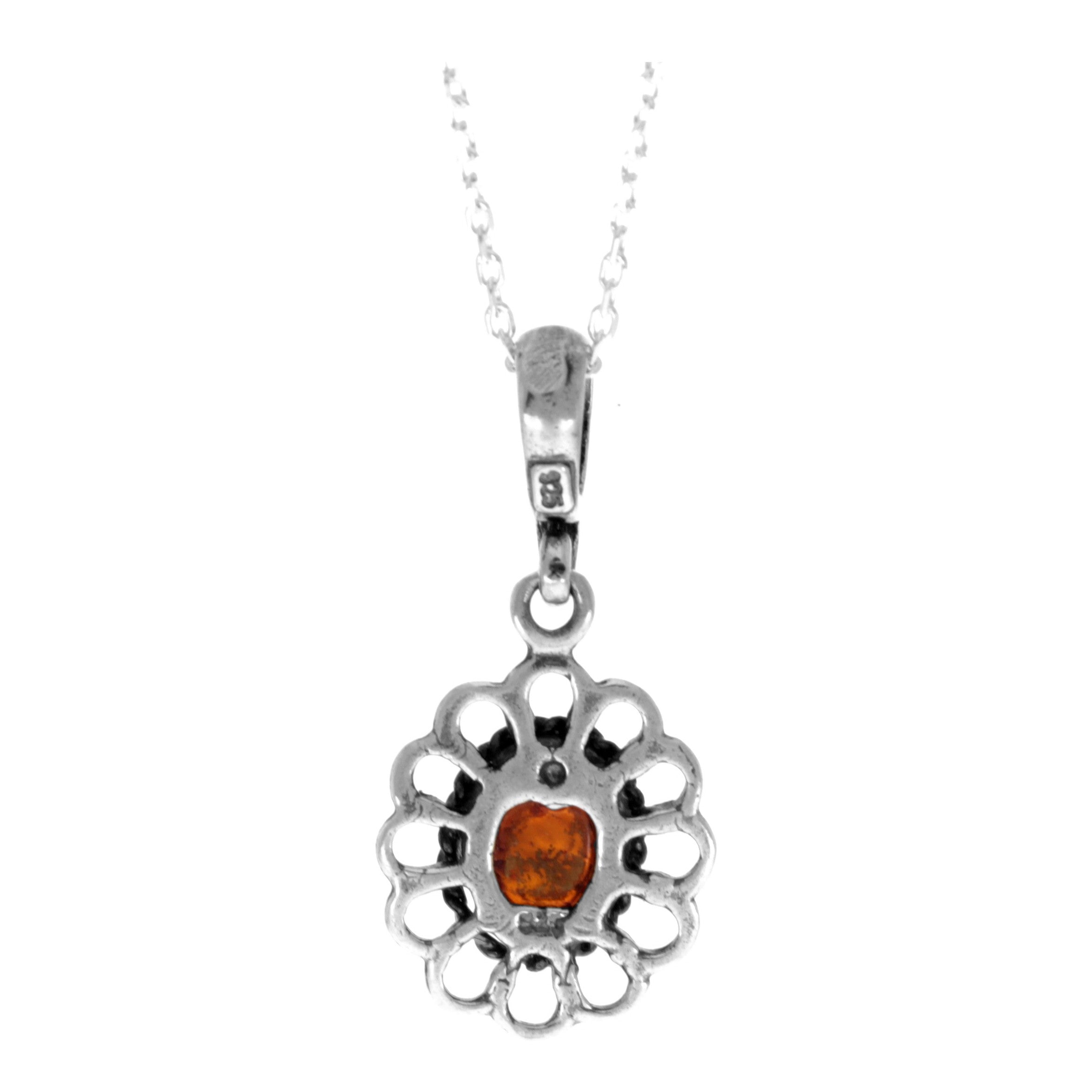 925 Sterling Silver & Genuine Baltic Amber Modern Flower Pendant- 649