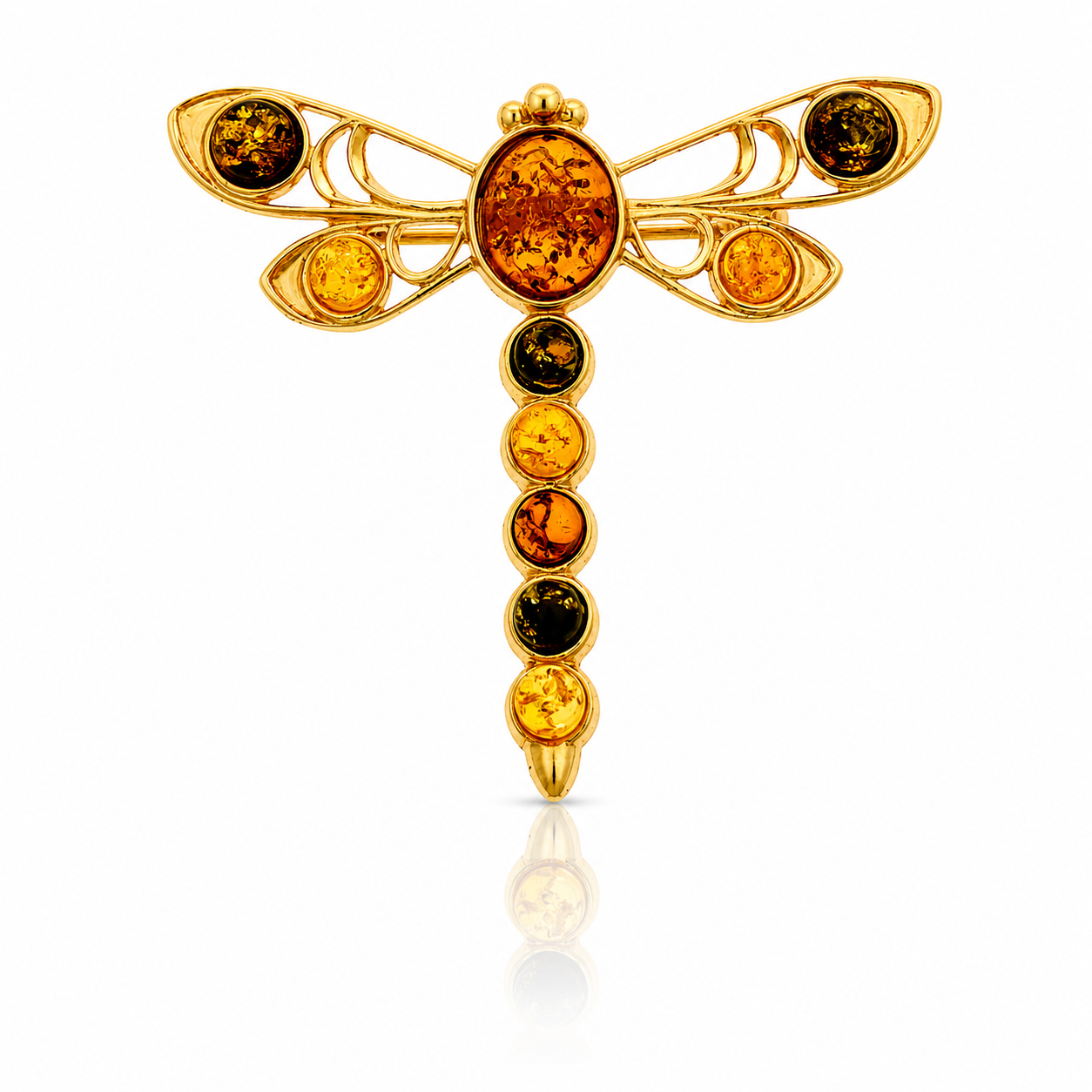 Gold-Plated Over 925 Sterling Silver & Genuine Baltic Amber Exclusive Dragonfly Brooch - 4032G