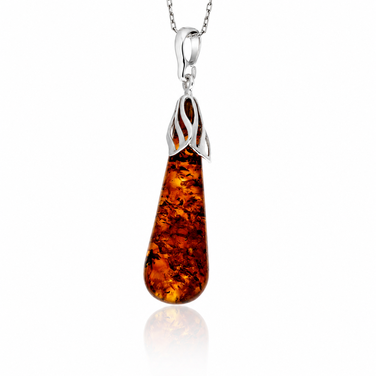 925 Sterling Silver & Genuine Baltic Amber Large Modern Exclusive Pendant - AP26