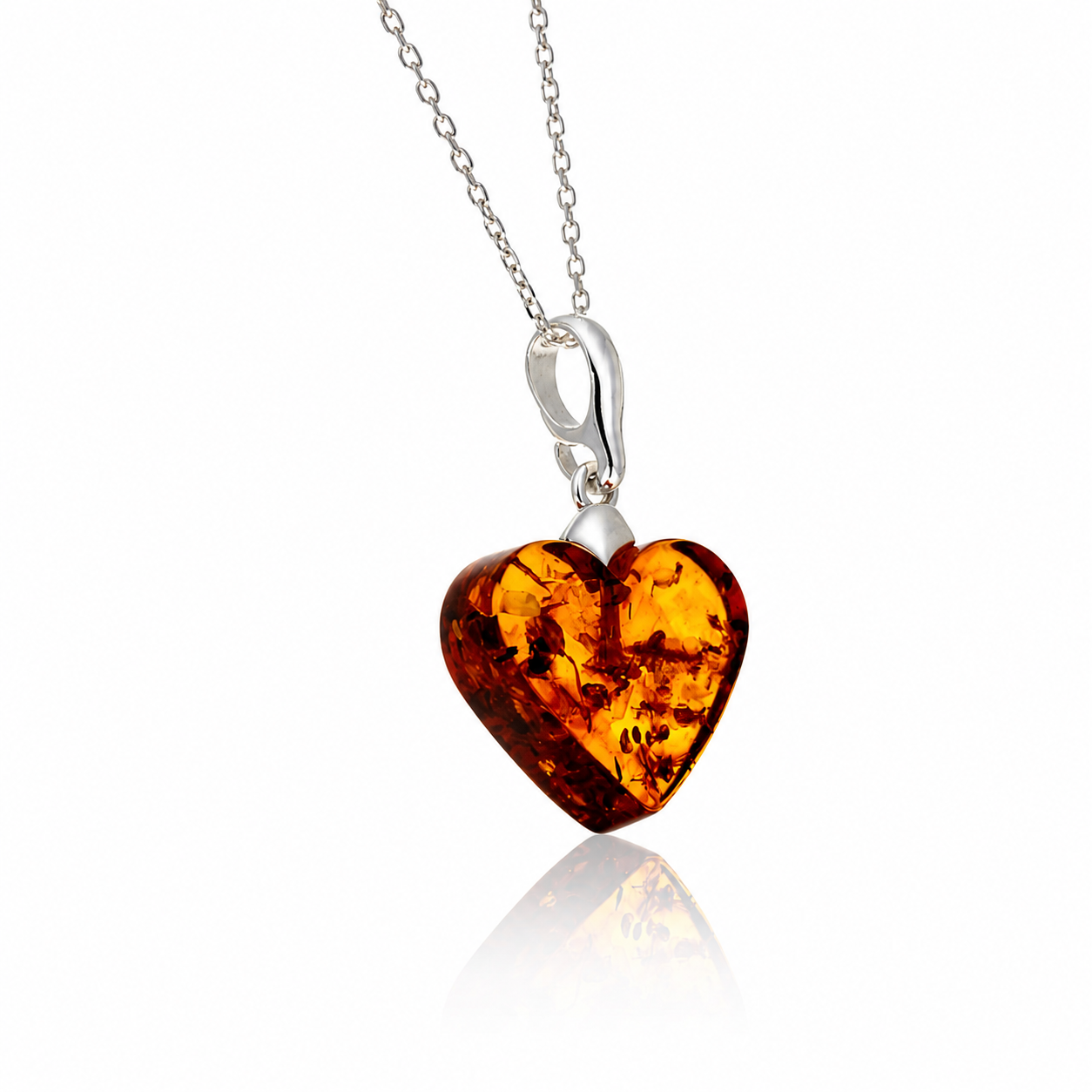 925 Sterling Silver & Genuine Baltic Amber Classic Flat Heart Pendant - AP27