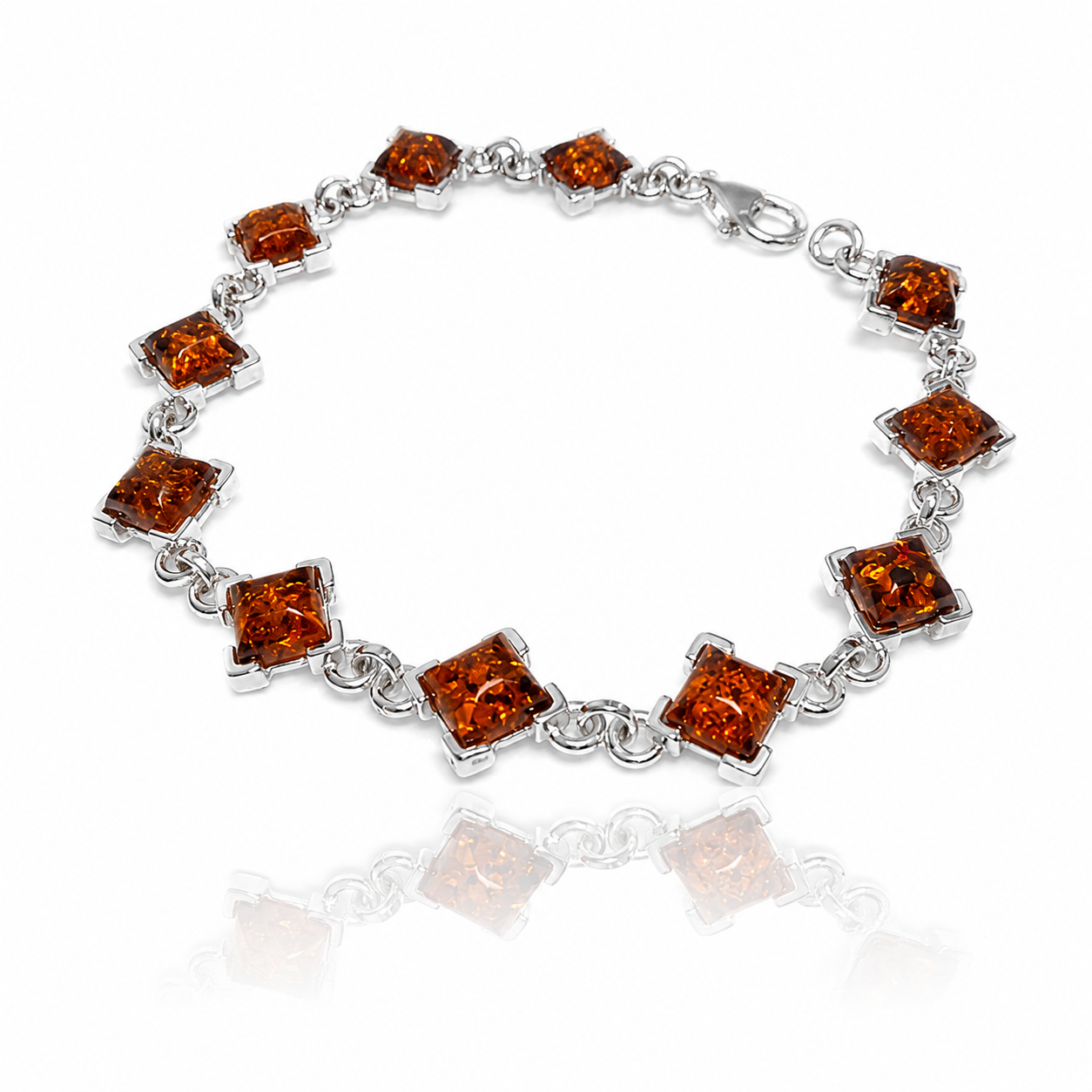 925 Sterling Silver & Genuine Baltic Amber Square Exclusive Link Bracelet - 2012