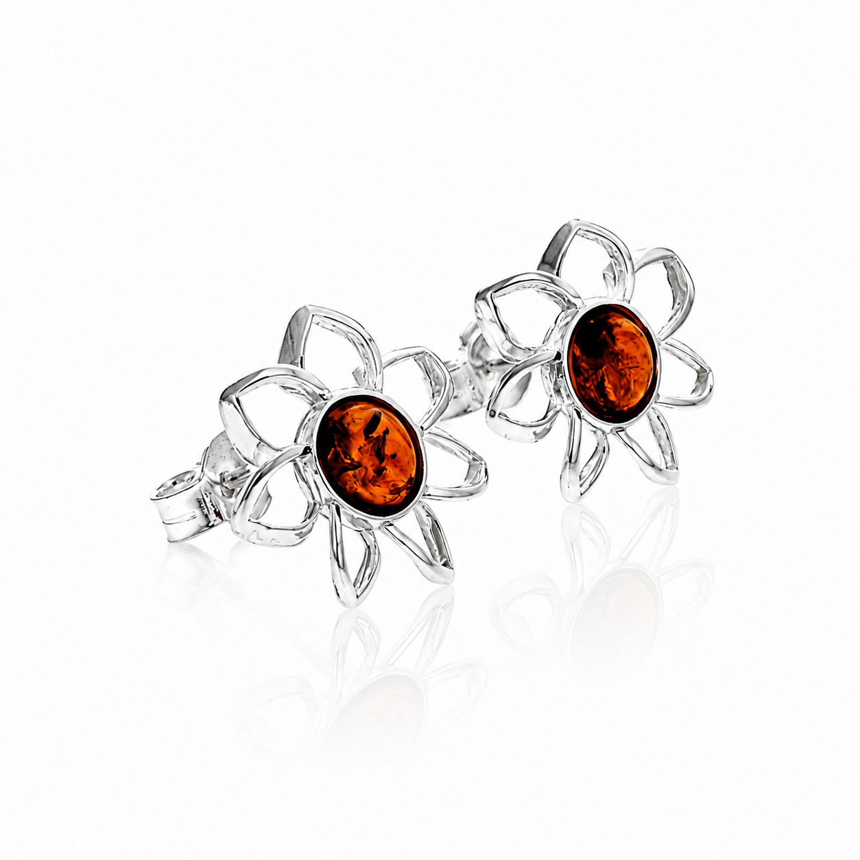 925 Sterling Silver & Genuine Baltic Amber Flowers Studs Earrings - 8417