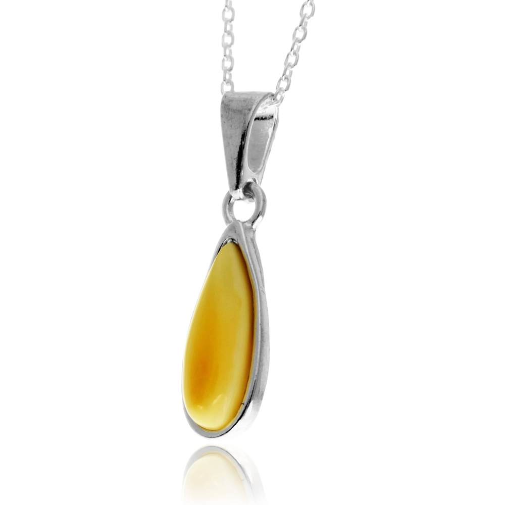 925 Sterling Silver & Genuine Baltic Amber Modern Teardrop Pendant - G236