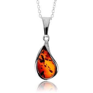 925 Sterling Silver & Genuine Baltic Amber Modern Teardrop Pendant - G235