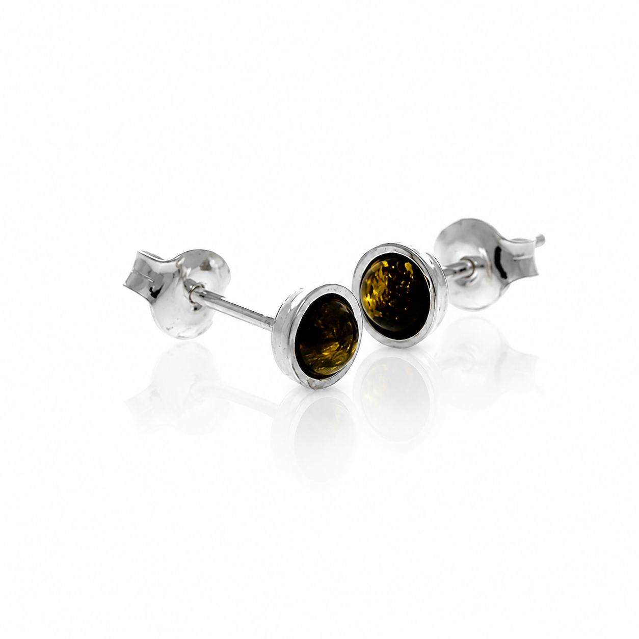 925 Sterling Silver & Genuine Baltic Amber Classic Round Studs Earrings - J010