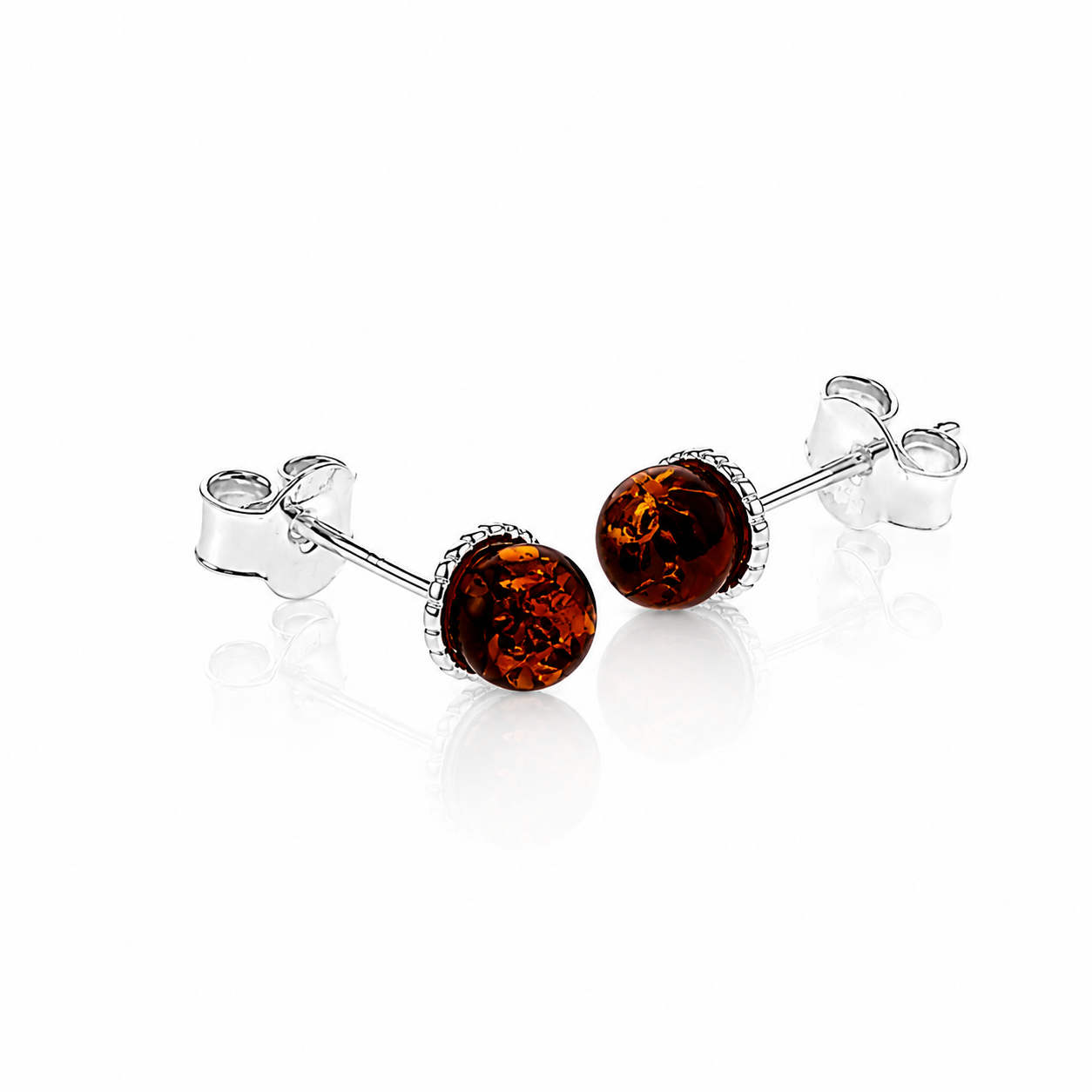 925 Sterling Silver & Genuine Baltic Amber Classic Studs Earrings - AE31C