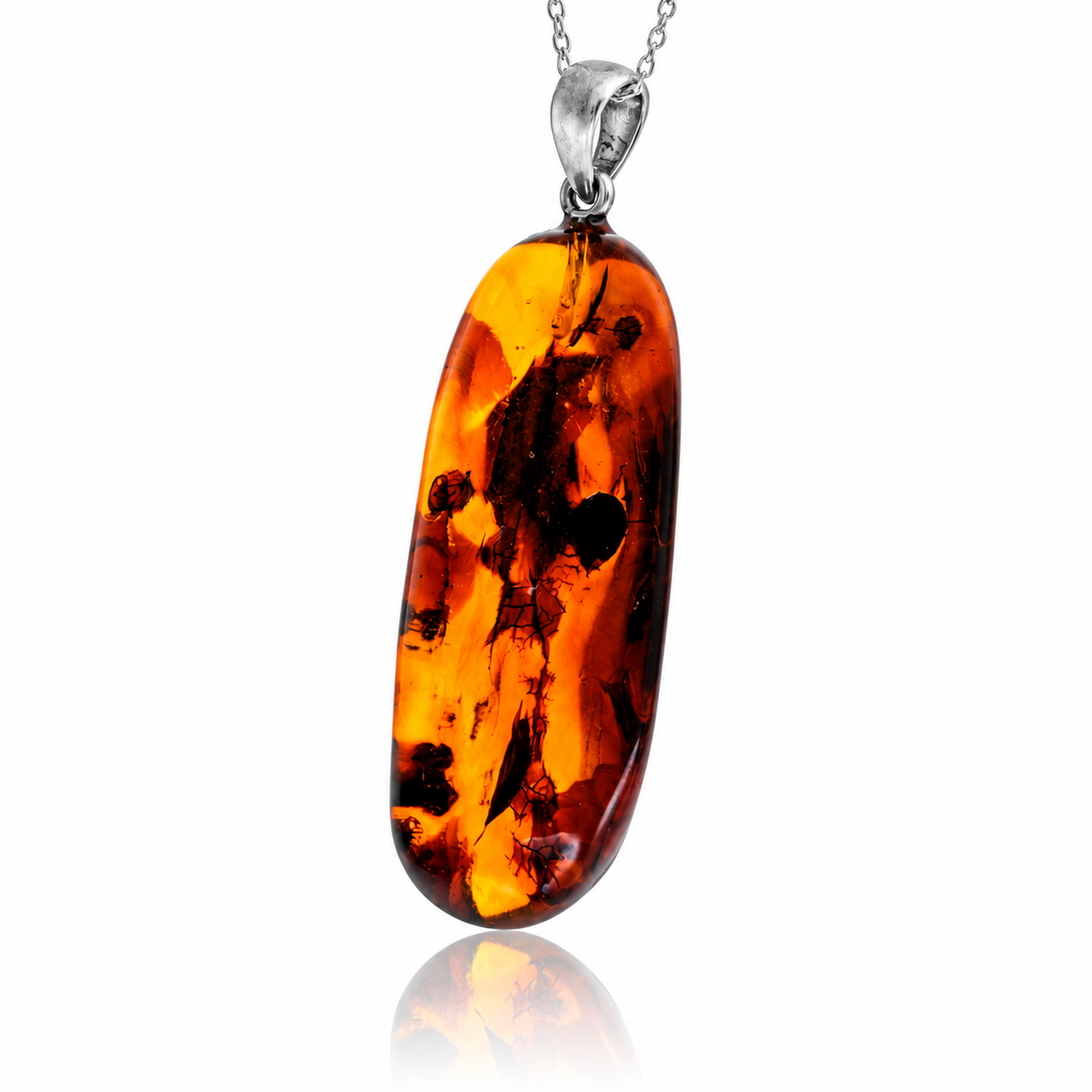 925 Sterling Silver & Genuine Cognac Baltic Amber Exlusive Unique Pendant - C-PD-121