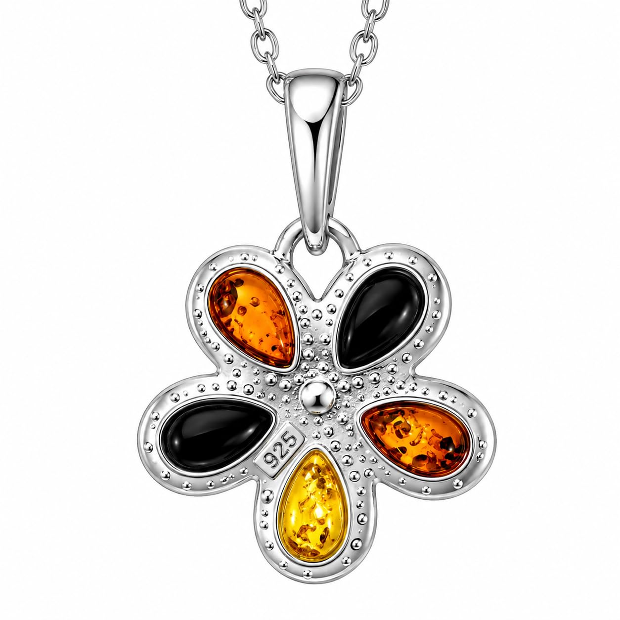 925 Sterling Silver & Genuine Teardrop Baltic Amber Multi Stones Classic Pendant - 1665