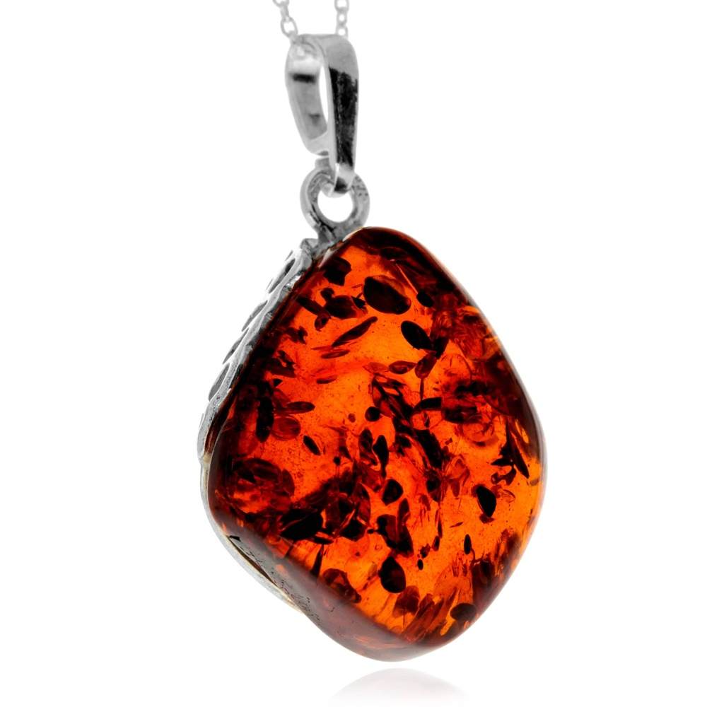 925 Sterling Silver & Genuine Cognac Baltic Amber Unique Exclusive Pendant without a chain - PD2565