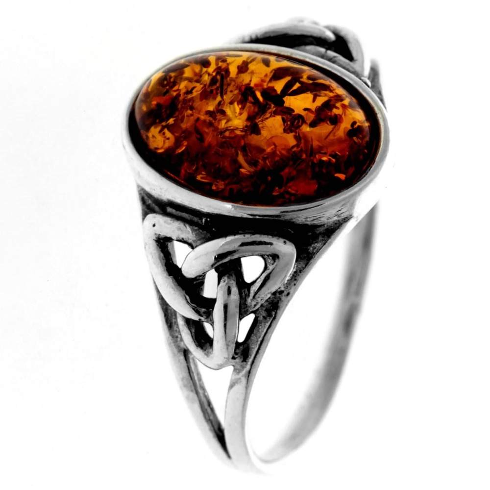 925 Sterling Silver & Genuine Baltic Amber Celtic Ring - 7390