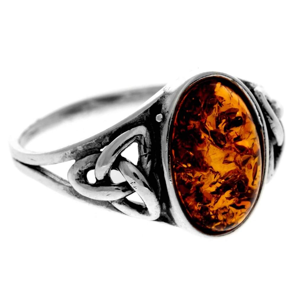 925 Sterling Silver & Genuine Baltic Amber Celtic Ring - 7390