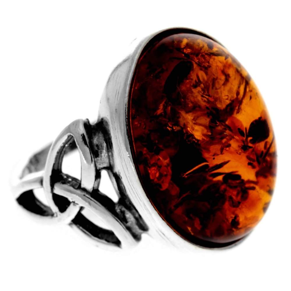 925 Sterling Silver & Genuine Baltic Amber Celtic Ring - 7420