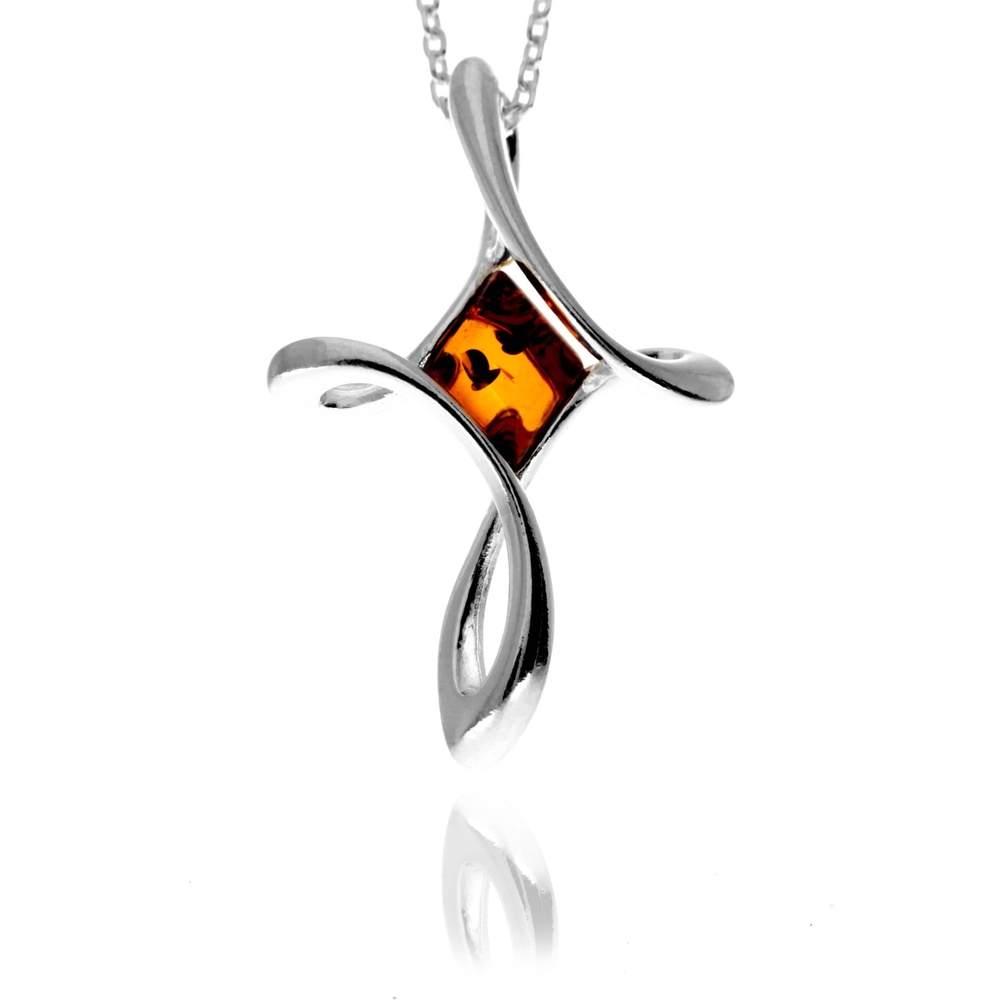 925 Sterling Silver & Genuine Baltic Amber Modern Cross Pendant - GL2068