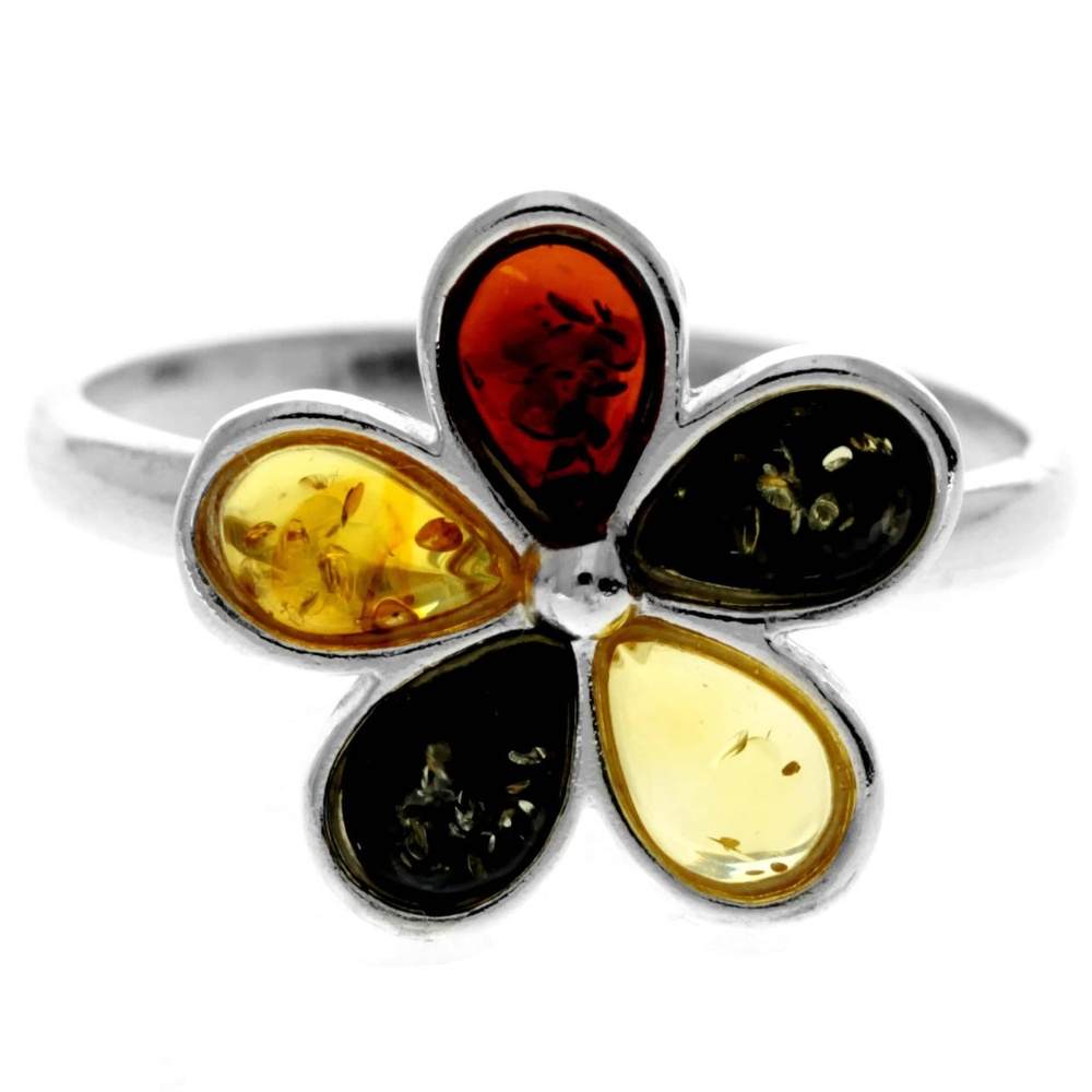 925 Sterling Silver & Genuine Teardrop Baltic Amber Classic Flower Ring - 7555