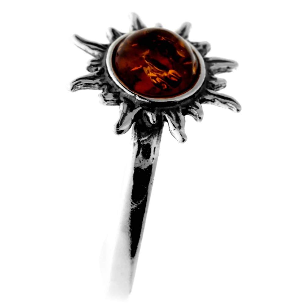 925 Sterling Silver & Genuine Baltic Amber Sun / Star Ring - 7580