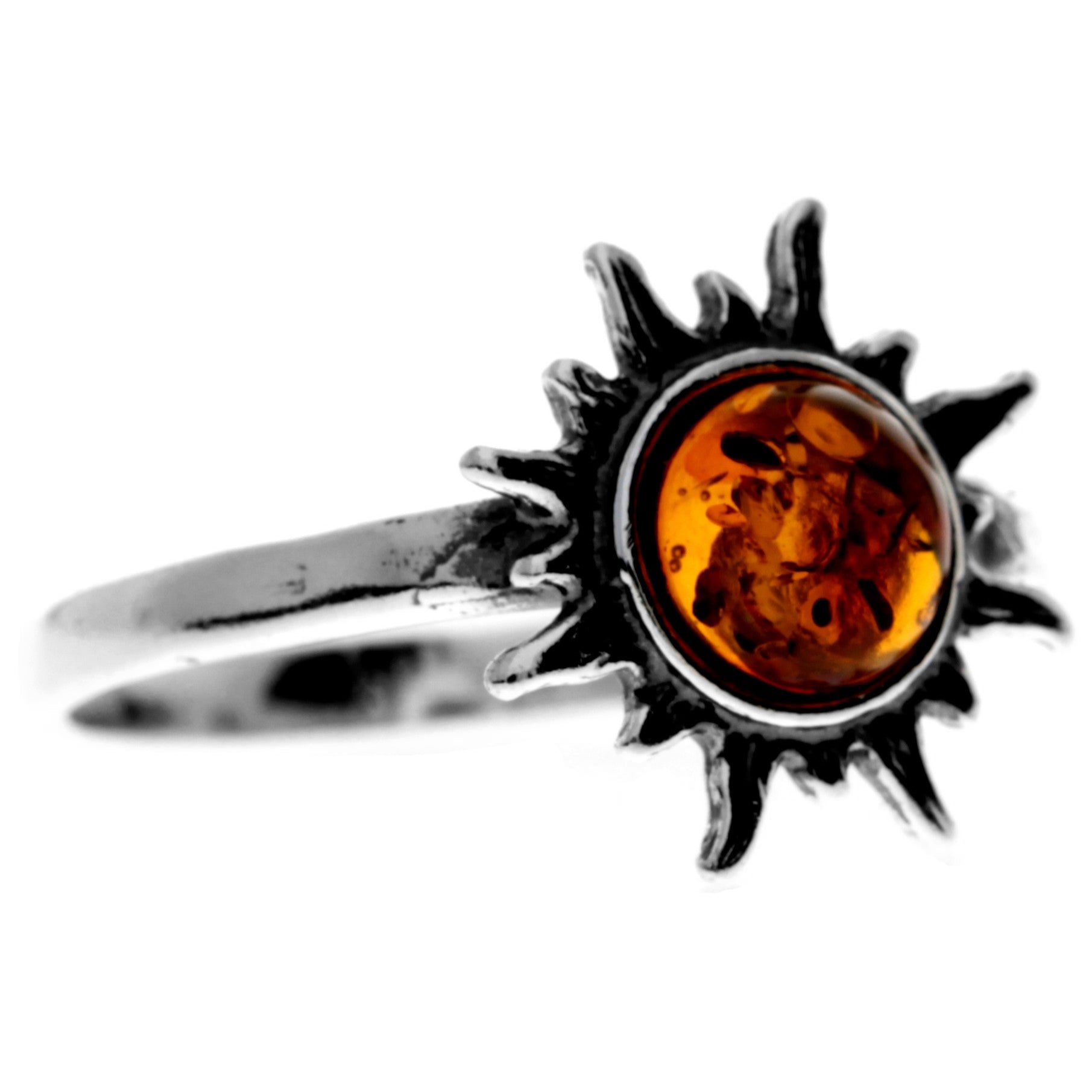 925 Sterling Silver & Genuine Baltic Amber Sun / Star Ring - 7580