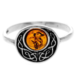 925 Sterling Silver & Genuine Baltic Amber Celtic Ring - 7589