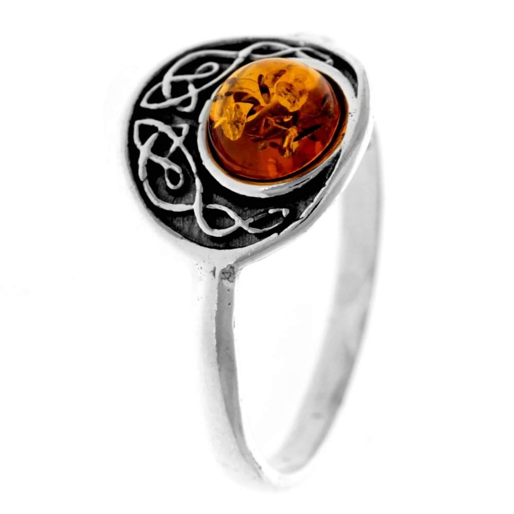 925 Sterling Silver & Genuine Baltic Amber Celtic Ring - 7589