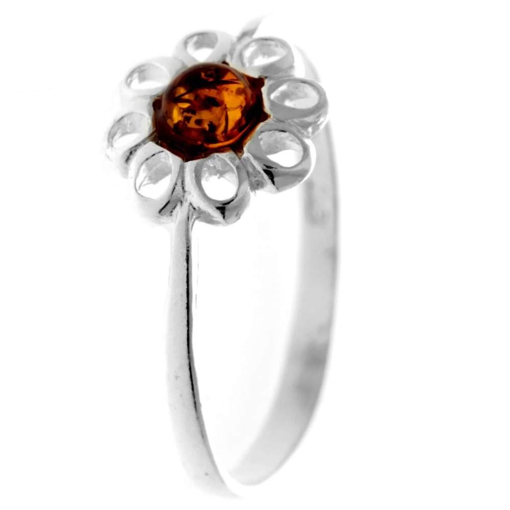 925 Sterling Silver & Genuine Baltic Amber Modern Flower Designer Ring - 7596