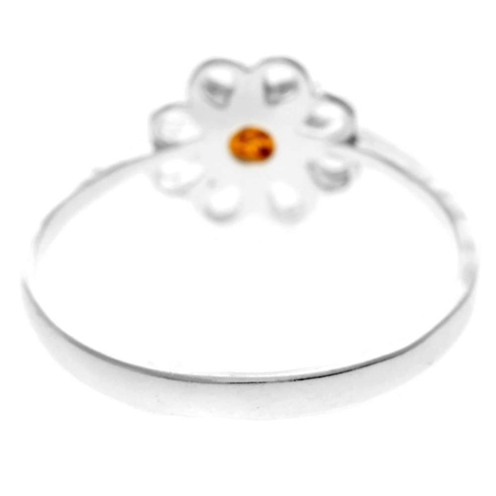 925 Sterling Silver & Genuine Baltic Amber Modern Flower Designer Ring - 7596