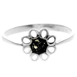 925 Sterling Silver & Genuine Baltic Amber Modern Flower Designer Ring - 7596