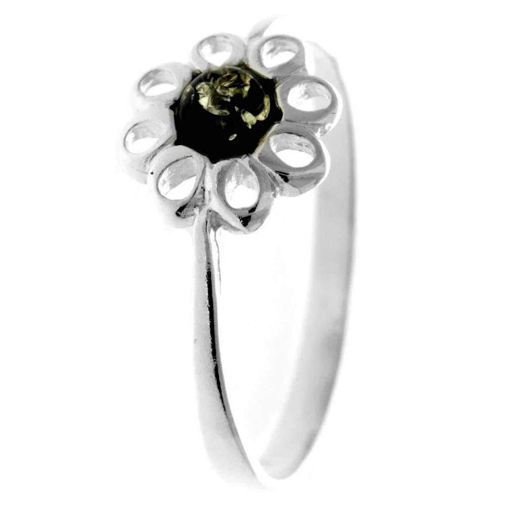 925 Sterling Silver & Genuine Baltic Amber Modern Flower Designer Ring - 7596