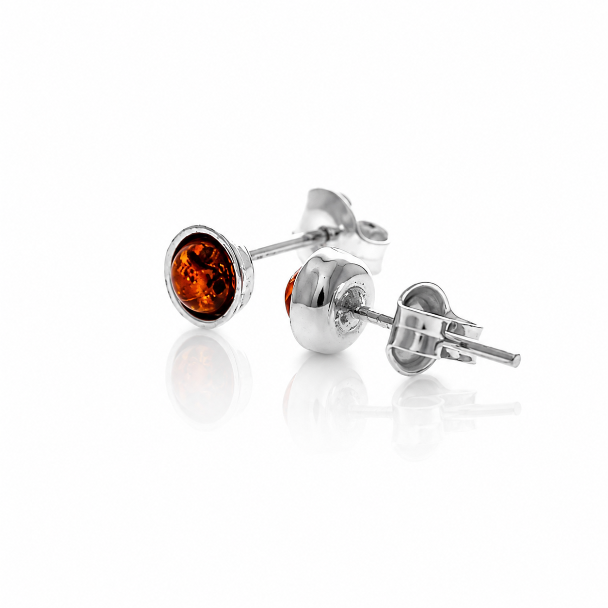 925 Sterling Silver & Genuine Baltic Amber Classic Round Studs Earrings - J010