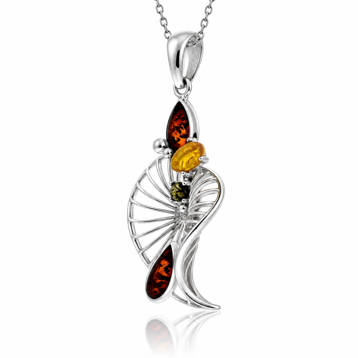 925 Sterling Silver & Genuine Baltic Amber Leaf Pendant - 290