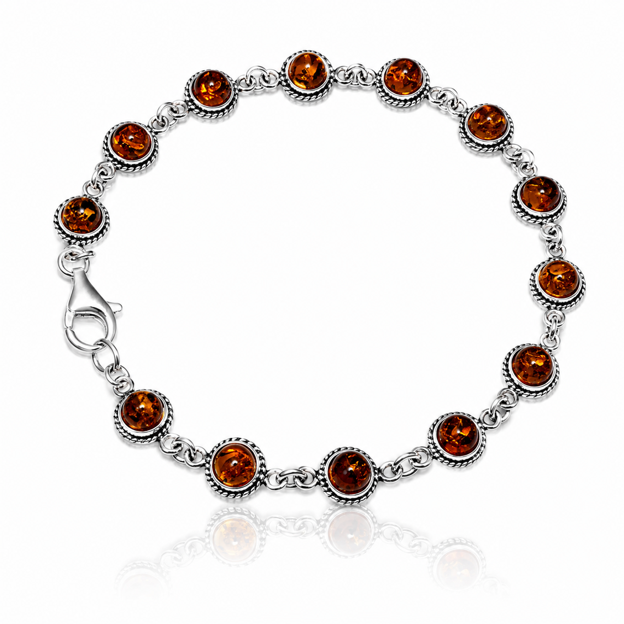 925 Sterling Silver & Genuine Baltic Amber Round Classic Link Bracelet - 3379