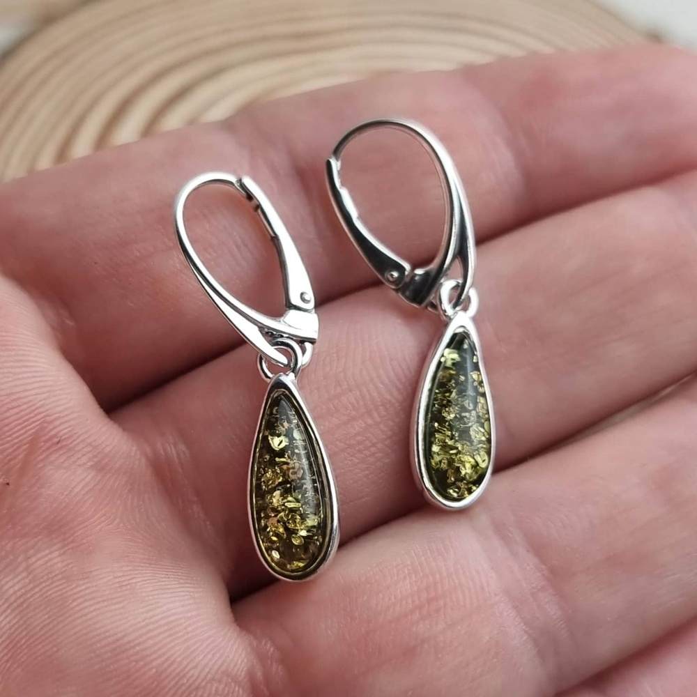 925 Sterling Silver & Baltic Amber Modern Teardrop Drop / Dangle Earrings - G030