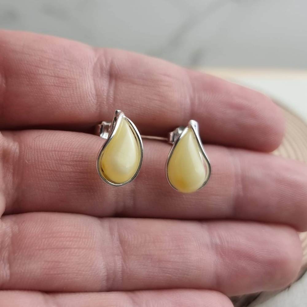 925 Sterling Silver & Baltic Amber Modern Teardrop Studs Earrings - G029S