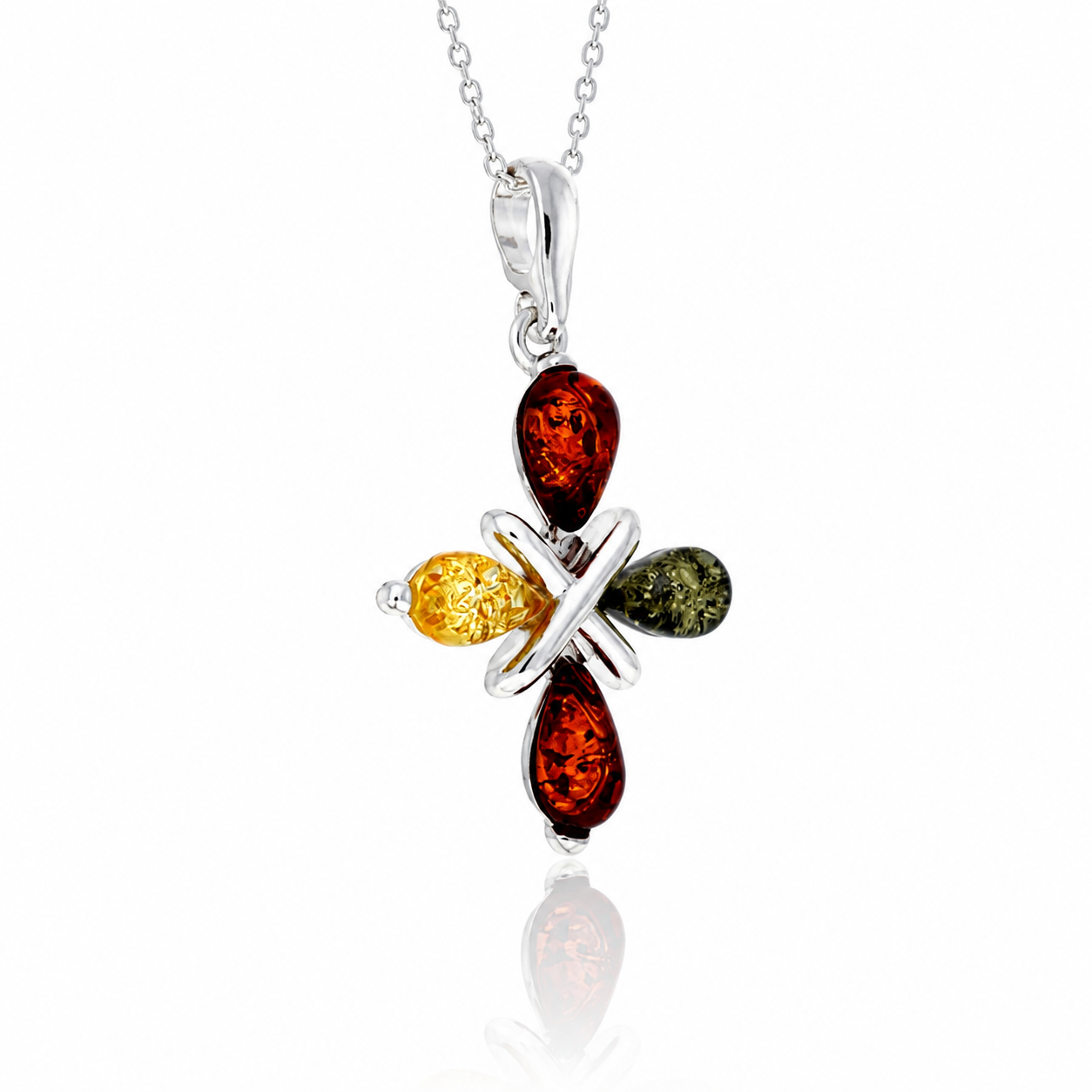 925 Sterling Silver & Genuine Baltic Amber Multi Stone Cross Pendant - 1778