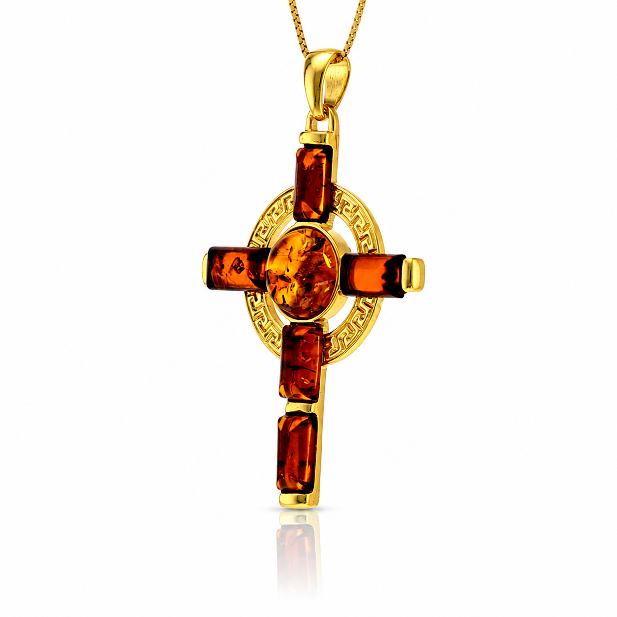 Gold-Plated Over 925 Sterling Silver & Genuine Baltic Amber Large Exclusive Cross Pendant - G22