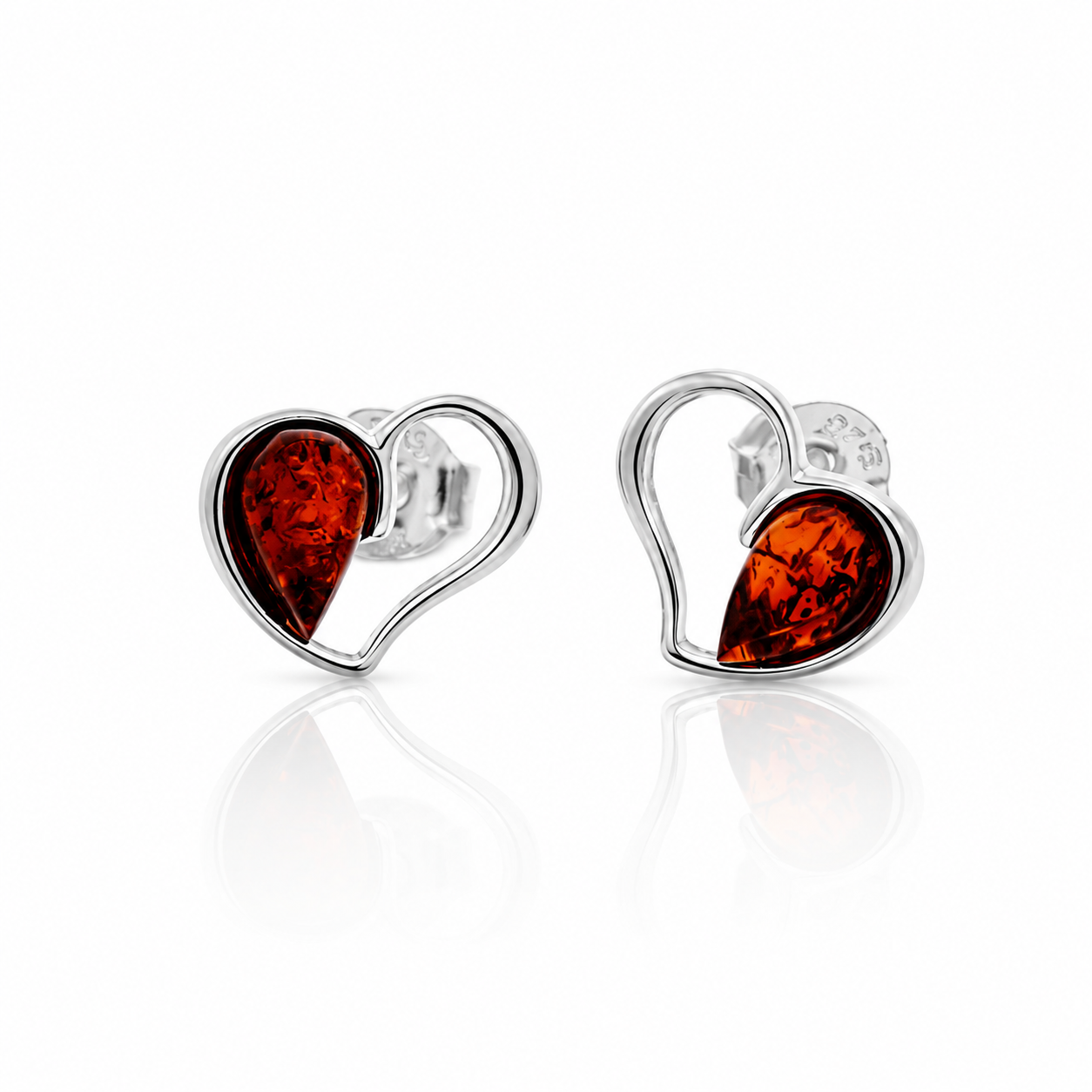 925 Sterling Silver & Genuine Baltic Amber Classic Hearts Studs Earrings - 8576