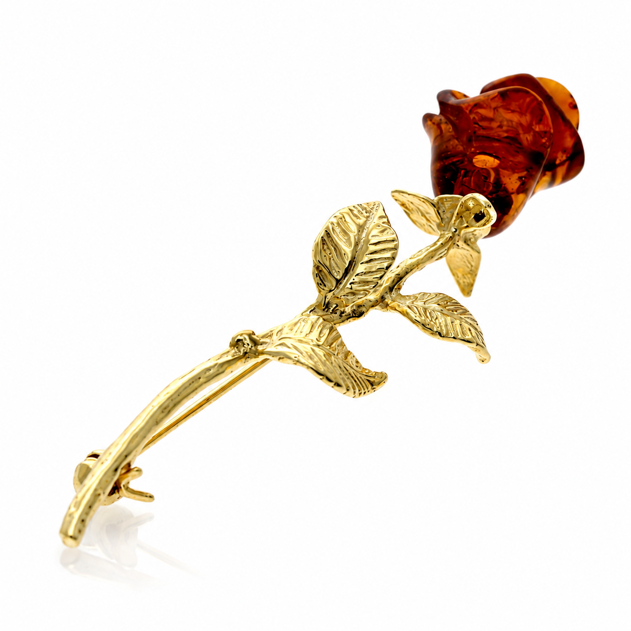 Gold-Plated Over 925 Sterling Silver & Genuine Baltic Amber Hand Carved Exclusive Rose Brooch - BR1G