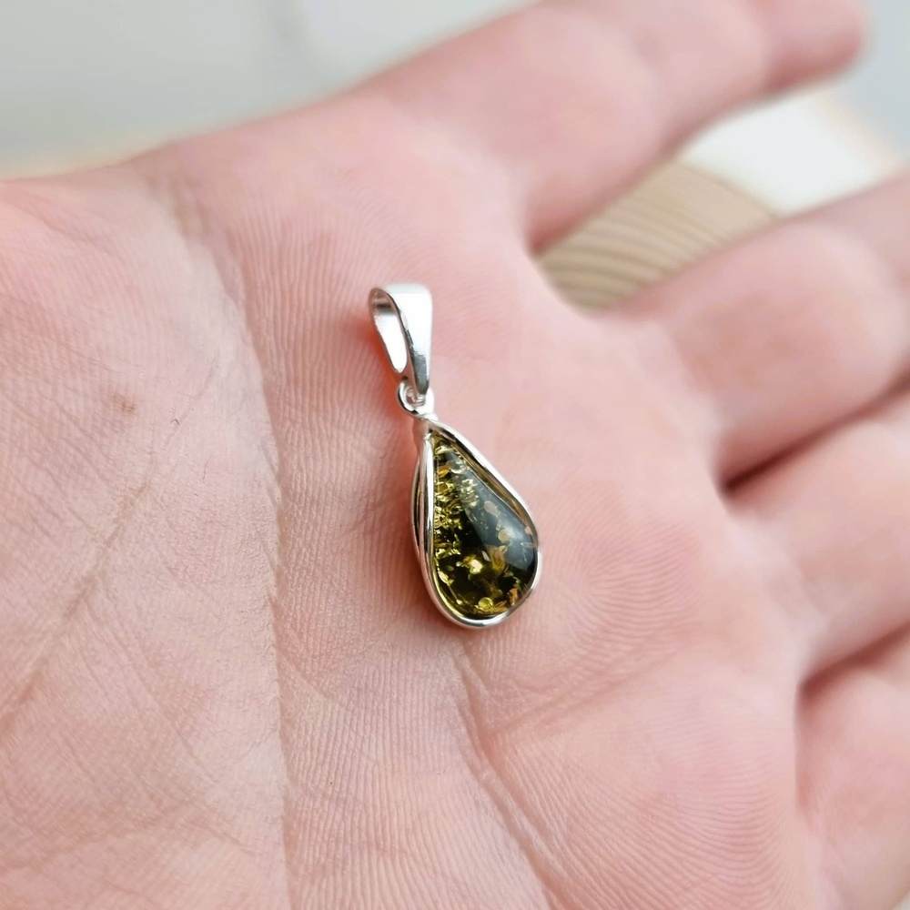 925 Sterling Silver & Genuine Baltic Amber Modern Teardrop Pendant - G235