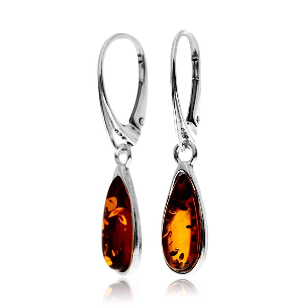 925 Sterling Silver & Baltic Amber Modern Teardrop Drop / Dangle Earrings - G030