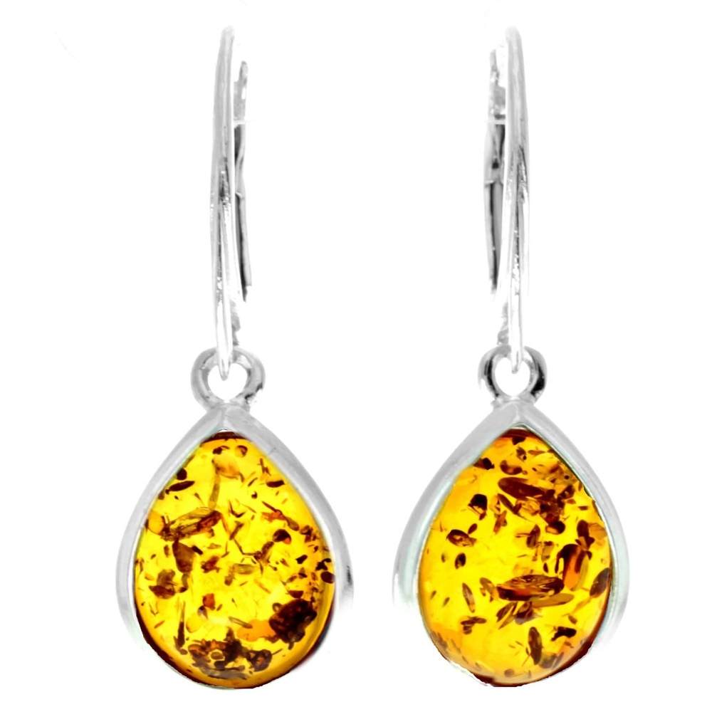 Sterling Silver & Genuine Baltic Amber Classic Teardrop Dangling Earrings - 8233