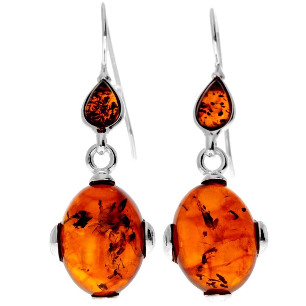 925 Sterling Silver & Genuine Baltic Amber Classic Drop Dangling Earrings - 8277