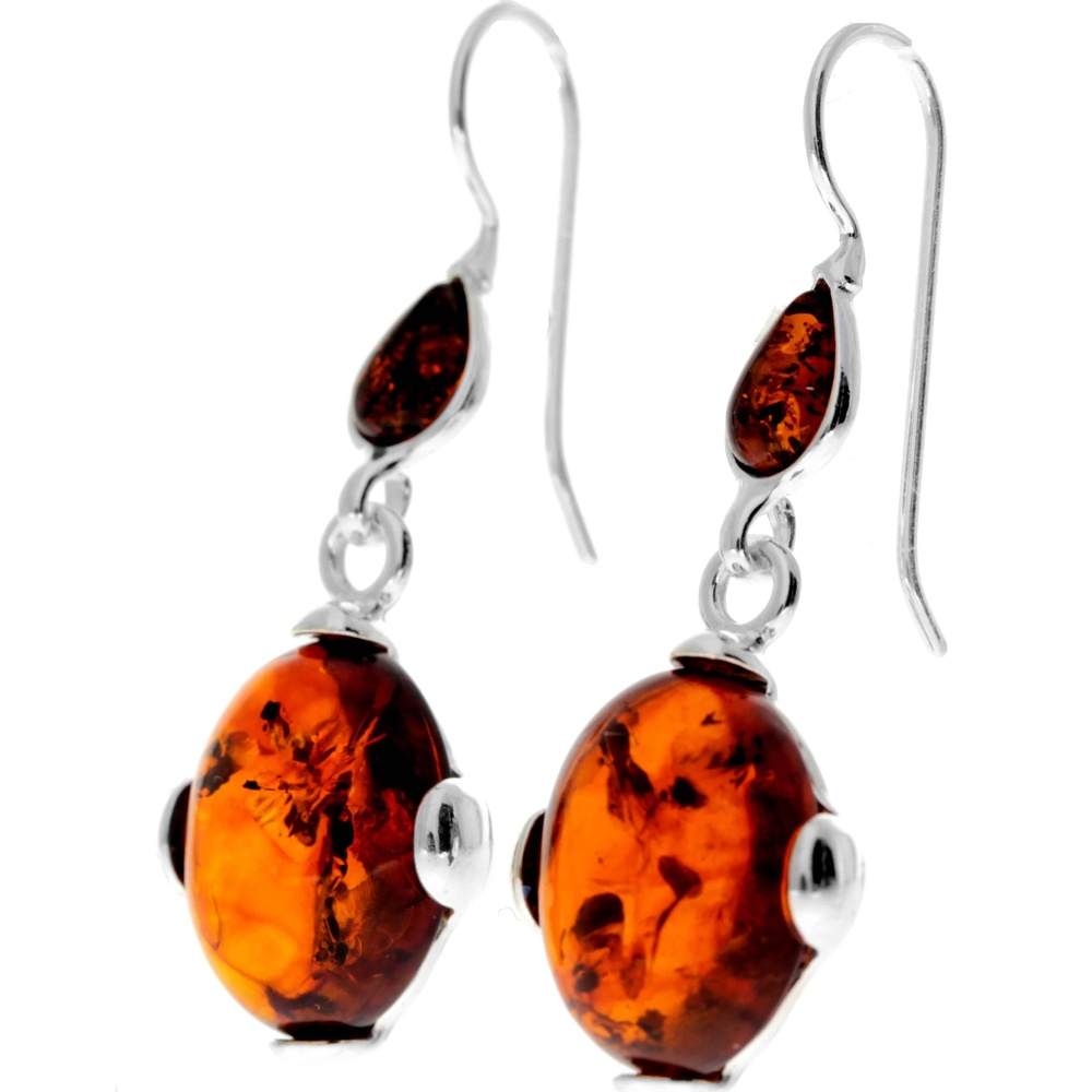 925 Sterling Silver & Genuine Baltic Amber Classic Drop Dangling Earrings - 8277