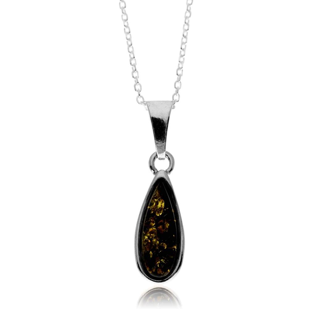 925 Sterling Silver & Genuine Baltic Amber Modern Teardrop Pendant - G236