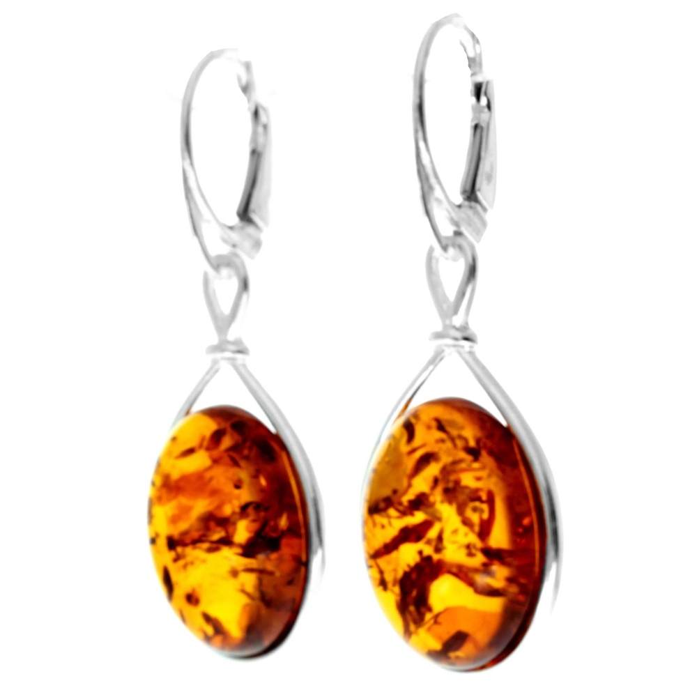925 Sterling Silver & Genuine Baltic Amber Classic Drop Dangling Earrings - 8318