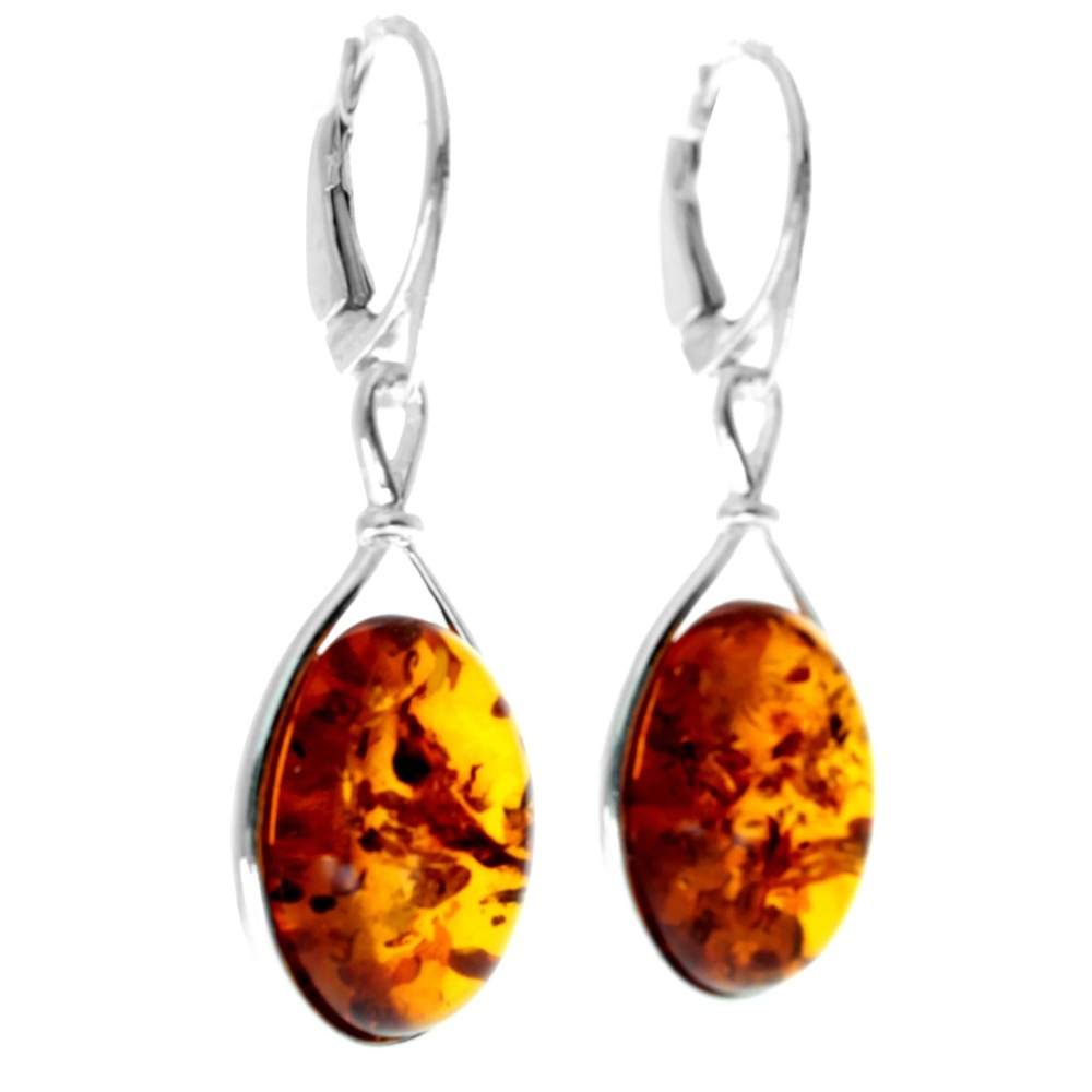 925 Sterling Silver & Genuine Baltic Amber Classic Drop Dangling Earrings - 8318