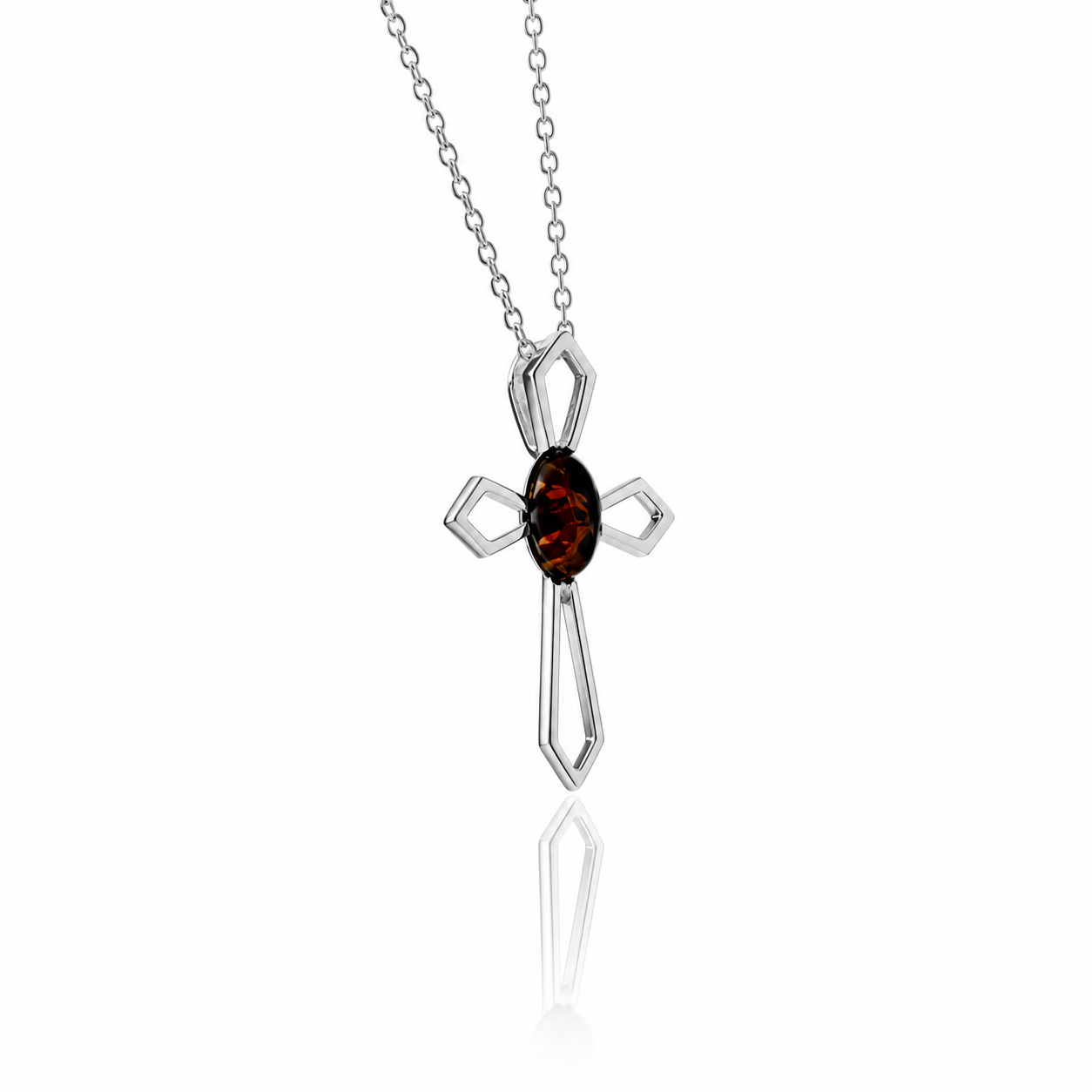 925 Sterling Silver & Genuine Baltic Amber Cross Pendant - 655