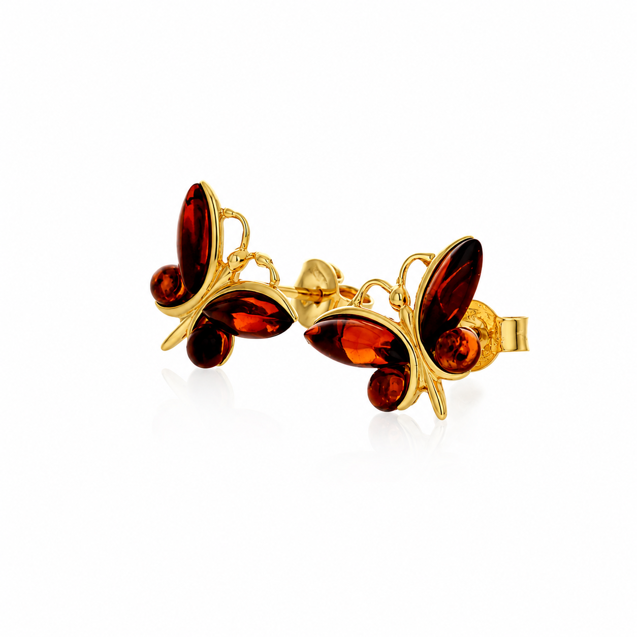 Gold Plated over 925 Sterling Silver & Genuine Baltic Amber Classic Butterfly Studs Earrings - 8494G