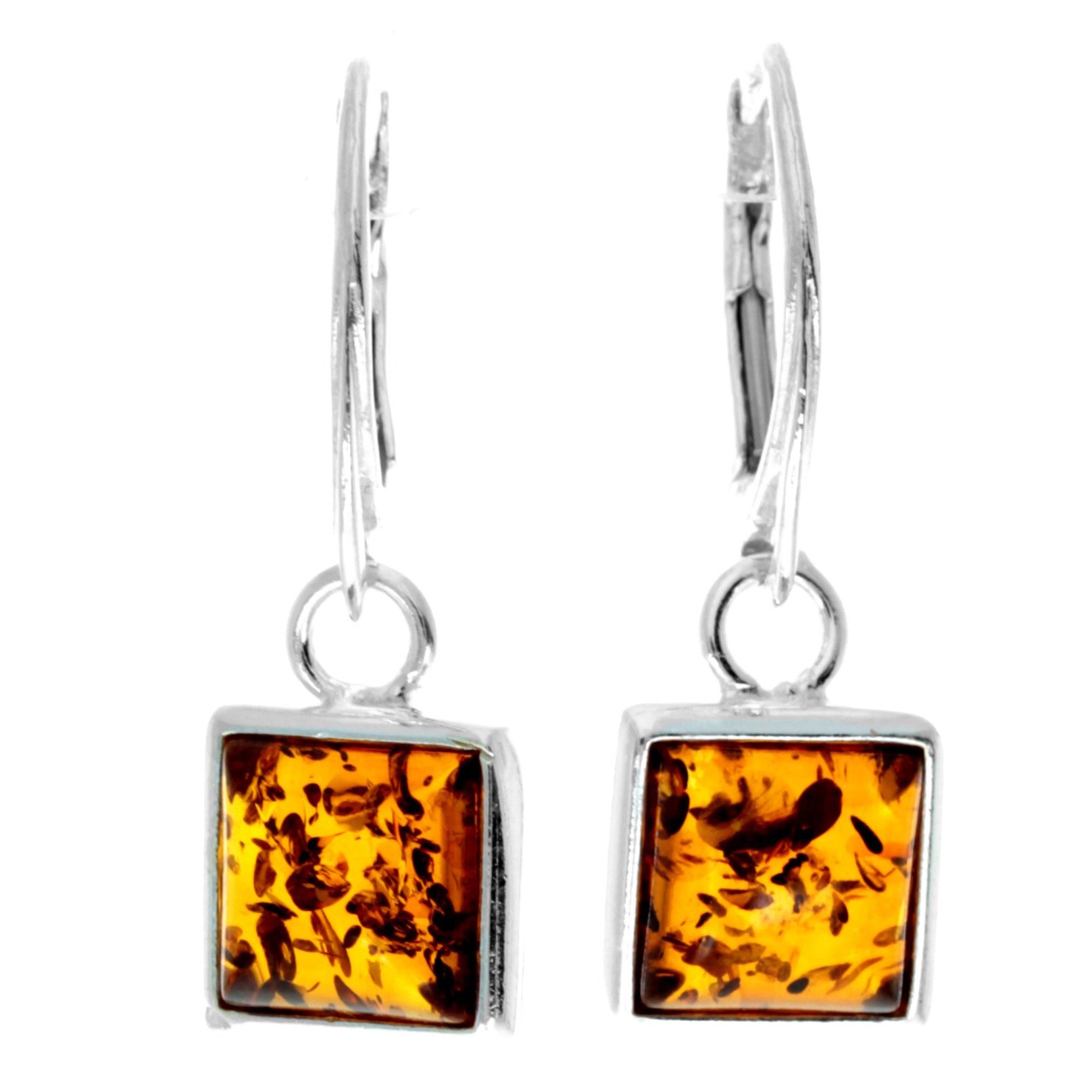 925 Sterling Silver & Genuine Baltic Amber Classic Square Dangling Earrings - 8332