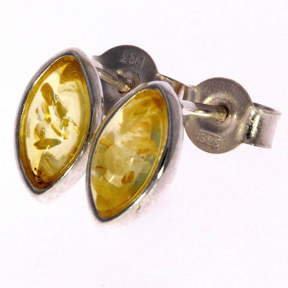 925 Sterling Silver & Genuine Baltic Amber Classic Oval Studs Earrings - 8343